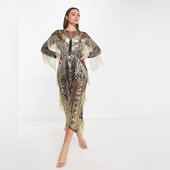 ASOS Gold and Black Fringe Dress - Picture 3 of 13